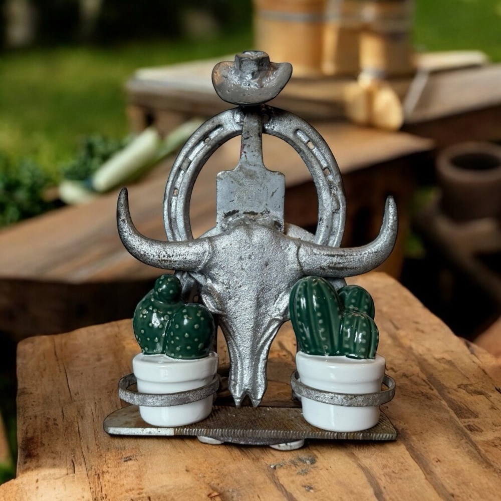 VINTAGE WESTERN COWBOY CAST IRON SALT AND PEPPER CADDY WITH CACTUS SHAKERS